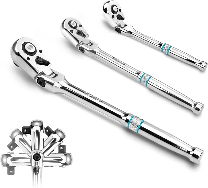 DURATECH 3-Piece Flex-Head Drive Ratchet Handle, 1/4", 3/8", 1/2" 90-Tooth Quick-Release Ratchet Wrench with 180° Pivoting Head & 7-Position Setting, Reversible, CR-V Made, Full Polished,Gifts for Men