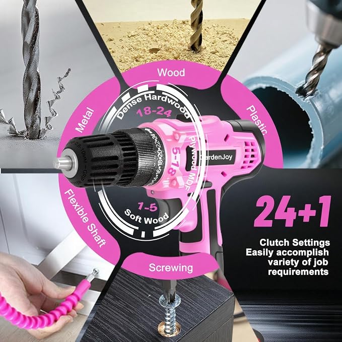 GardenJoy 20v Cordless Drill Set, Power Electric Kit 2 Batteries With Charger 30Nm 2-Speed 3/8" Keyless Chuck 24+1 Position Drill Driver screwdriver Bits with LED Electric Work Light Women DIY