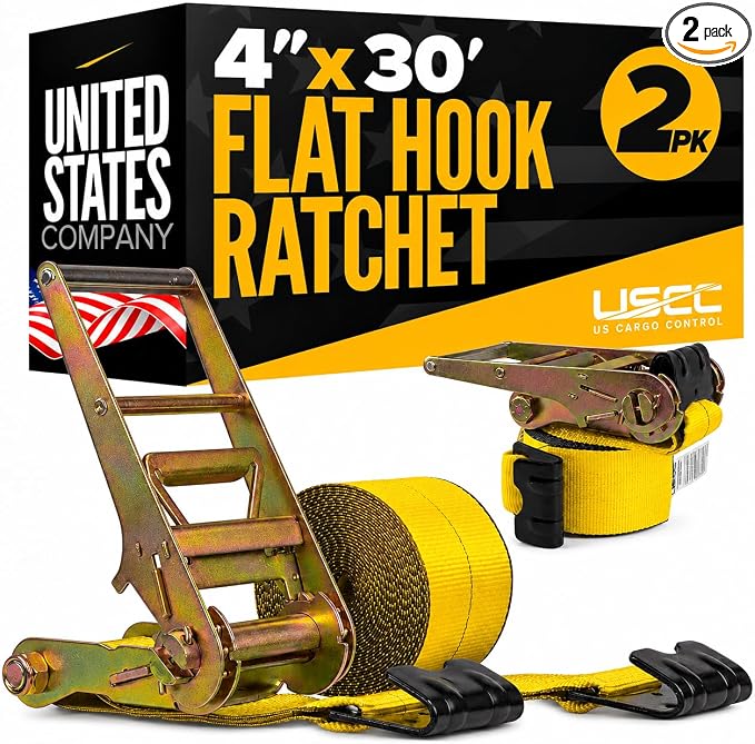 US Cargo Control Flat Hook Ratchet Straps 4” x 30’ (2-Pack), 5,400 LBS Working Load Limit, Yellow 4 Inch Ratchet Straps with Black Flat Hooks, Professional 4 Inch Straps for Flatbed Trailers