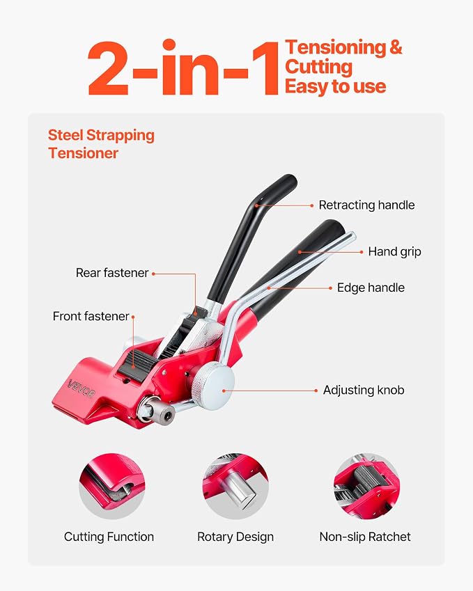 VEVOR Steel Banding Strapping Kit, Heavy Duty Banding Sealer Tool with 100 ft Binding Straps, 100 Metal Clasps, Manual Pallet Packaging Strapping Kit for Warehouse, Transportation, Industrial Bundling