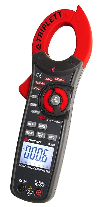 Triplett 9325 True RMS 6000 Count Clamp-On Digital AC/DC Meter - Current, Voltage, Resistance, Frequency, Capacitance, Temperature, Continuity, Diode Check, and Duty Cycle