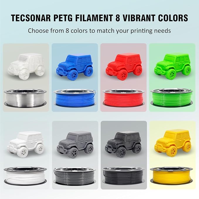 1.75mm PETG Filament 8 Colors 250g 8 Pack, Low Warping High Toughness 3D Printer Filament for Most FDM 3D Printers