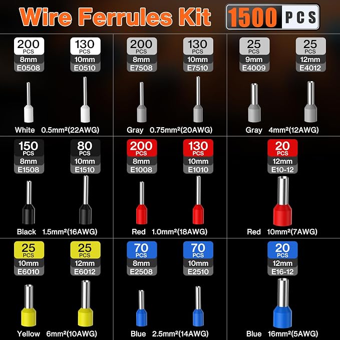 Preciva Ferrule Crimping Tool Kit with 1500PCS Wire Connectors, Ratchet Jaw Wire Crimping Pliers for AWG 28-5 Cable connectors