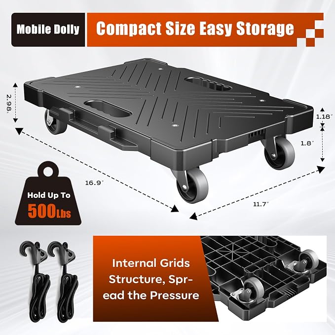 Kavlium 2 Pack Furniture Dolly, 16.9"x11.7" Heavy Duty Moving Dolly with 4 Wheels, Non-Slip Textured Surface for Moving Boxes Appliances, Max Load 500 lbs, Black