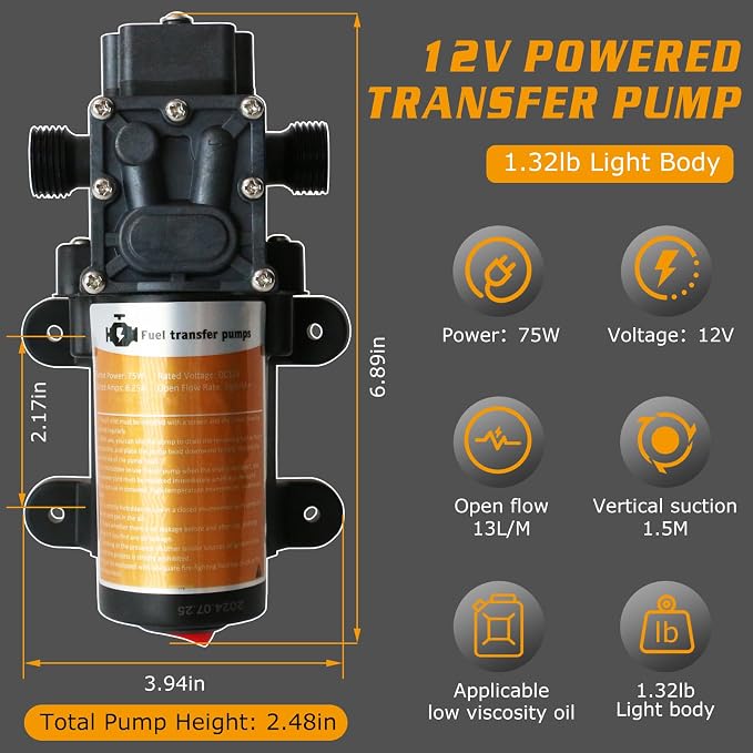Portable DC 12V 75W Electric Gasoline Transfer Pump, Moves Up to 110 Gallons of Gas Per Hour, Great for Vehicles, Boats, Motorbike, Equipment, Gasoline (110GPH-SINGLE PUMP)