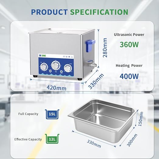 DK SONIC Industrial Ultrasonic Cleaner 15L 360W,Ultrasonic Carburetors Cleaner with Power Adjustable Function, Timer and Heater for Parts,Circuit Board,Chains Cleaning(Include Basket)