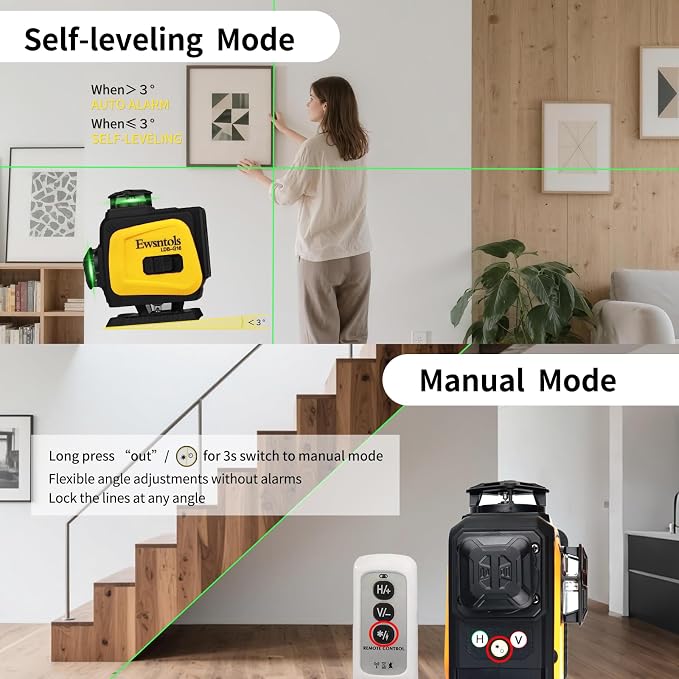Self-Leveling Laser Level, 4x360° Green Beam Cross-Line Whole Room Coverage with Remote Control & Rotatable Window for Picture Hanging & Home Renovation
