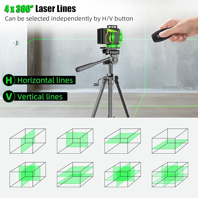 16 Line Laser Level with Tripod,4x360° Self Leveling Laser Level with 2 Batteries,4D Laser Level 360 Self Leveling,Green Line laser Level Tool for Construction,Picture Hanging,Home Renovation
