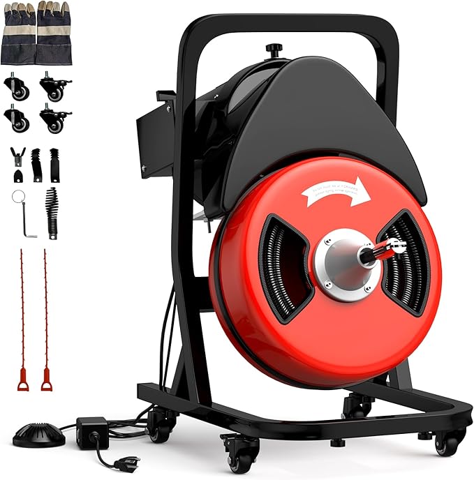 GarveeTech 50FTx1/2 Inch Drain Cleaner Machine with Wheels, Sewer Snake Electric Drain for 2" to 4" Pipes, Plumbing Snake Auger Cleaner with 6 Cutter & Foot Switch for Sewer, Sink, Toilet, Bathroom