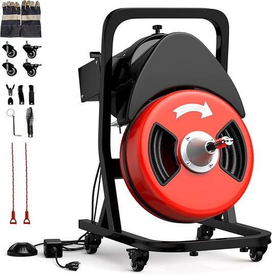 GarveeTech 50FTx1/2 Inch Drain Cleaner Machine with Wheels, Sewer Snake Electric Drain for 2" to 4" Pipes, Plumbing Snake Auger Cleaner with 6 Cutter & Foot Switch for Sewer, Sink, Toilet, Bathroom