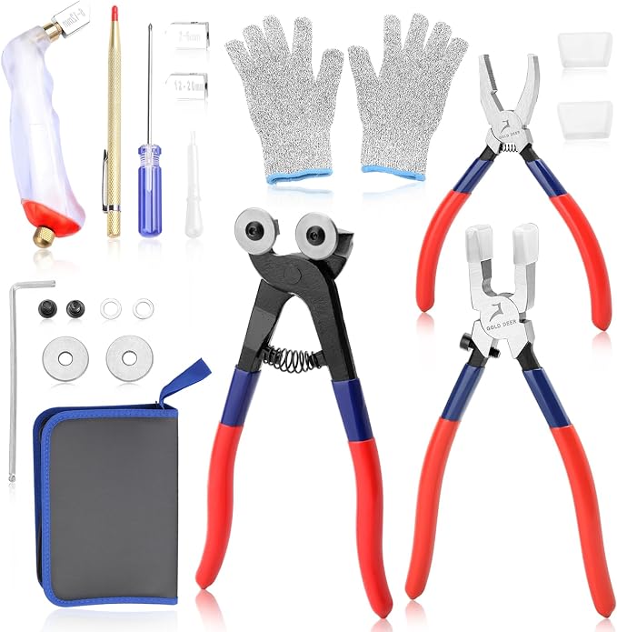 GOLD DEER Glass Mosaic Cutter Kits Heavy Duty Mosaic Wheeled Glass Nippers Wheeled Glass Tile Nipper Running Plier Breaking Grozer Plier Mosaic Tile Cutter Mosaic Tools for Craft Glass Cutting