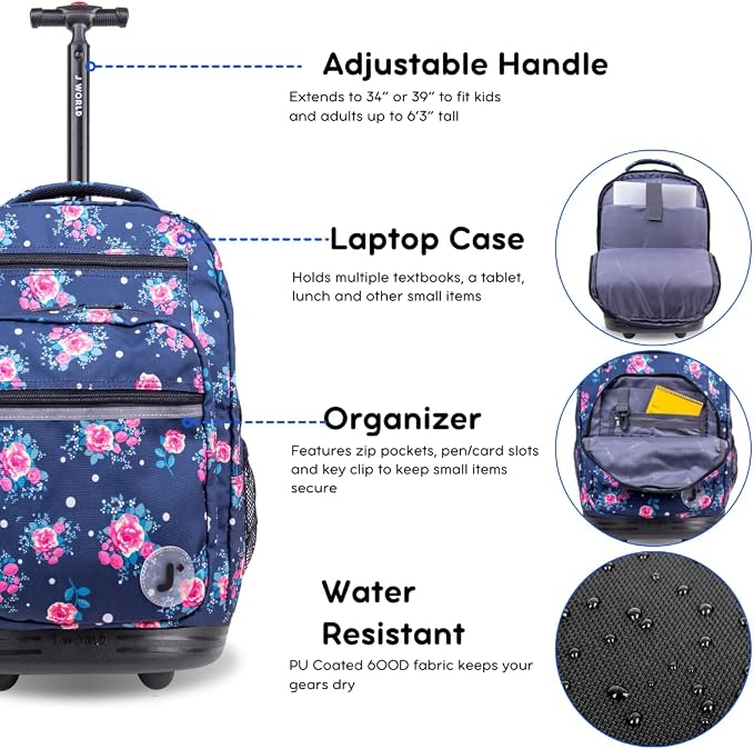 J World Sundance Laptop Rolling Backpack for Girls Boys. Roller Bookbag with Wheels, 20 Inch, Navy Rose