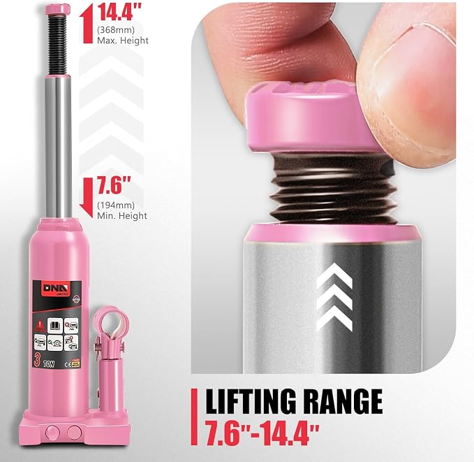 DNA Motoring 3 tons / 6000 lbs Lifting Automotive Welded Hydraulic Bottle Jack for Repair Vehicle, Pickup, Truck, w/Manual Handle, Pink,TOOLS-00349-PK
