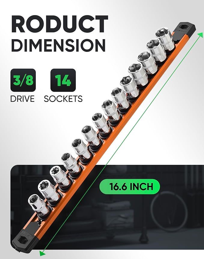 ALOANES Magnetic Socket Organizer Set, 3/8-Inch Drive Heavy Duty Aluminum Socket Rail Organizer, 360° Swivel Clips Socket Holder Kit for Toolbox Drawer Fit 3/8-Inch x 14 Clips (Orange, 1PC)