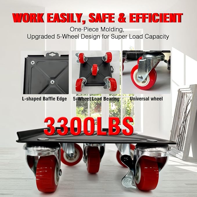 Furniture Dolly Set 5 Wheels Heavy Duty,6.3" Carbon Steel Panel Dolly, 360°Rotatable Rubber Universal Wheels,Non-Slip Sliders&Lifter,3300Lbs Load Capacity,Furniture Lifter for Sofa, Piano,Appliances