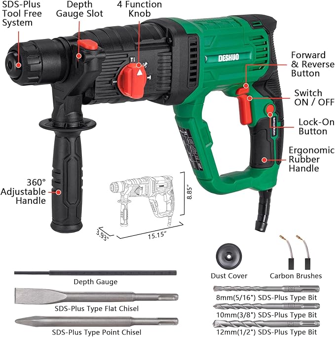 1" SDS-Plus Lightweight Rotary Hammer Drill for Concrete/Masonry | 9 Amp Corded Electric 7.2 Lbs 4 Functions & Reverse Variable Speed Safety Clutch Rotomartillo w/ 3 Drill Bits 2 Chisels Case