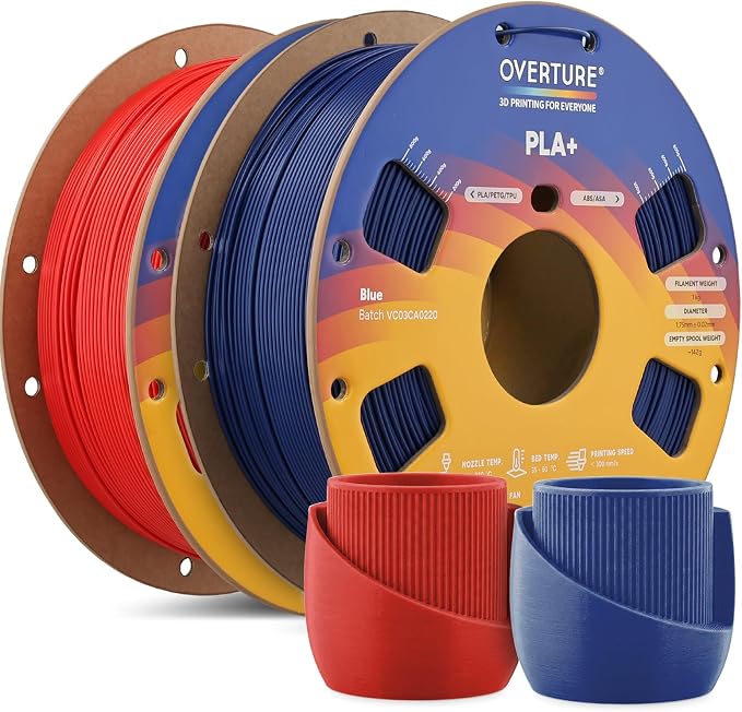 OVERTURE 2KG Bundle High Speed PLA+ 3D Printer Filament 1.75mm, Upgraded Rapid PLA 2.0 with Enhanced Toughness & Stability, 2 Pack 1kg Spool (2.2lbs) Fit Most FDM 3D Printers (Red+Blue)