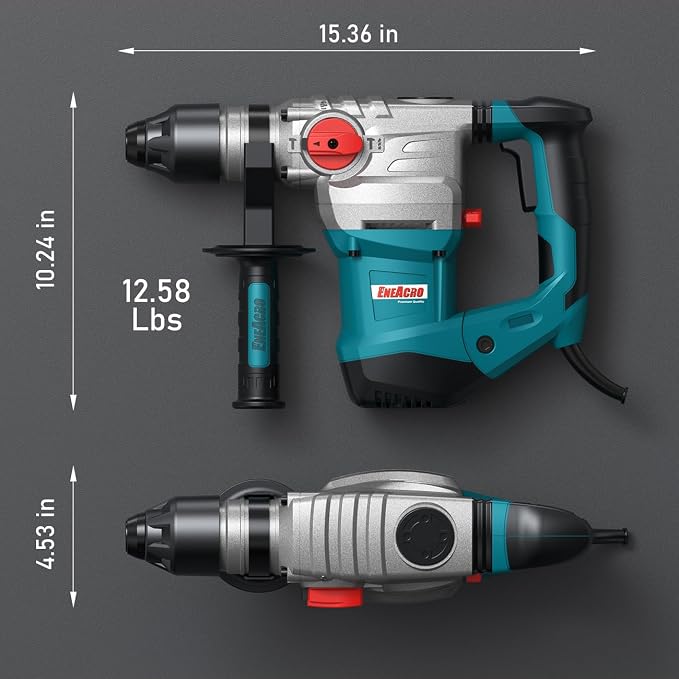 ENEACRO 1-1/4 Inch SDS-Plus 13 Amp Heavy Duty Rotary Hammer Drill | Safety Clutch, 4 Functions, Vibration Control, Includes Grease, Chisels & Drill Bits, With Case