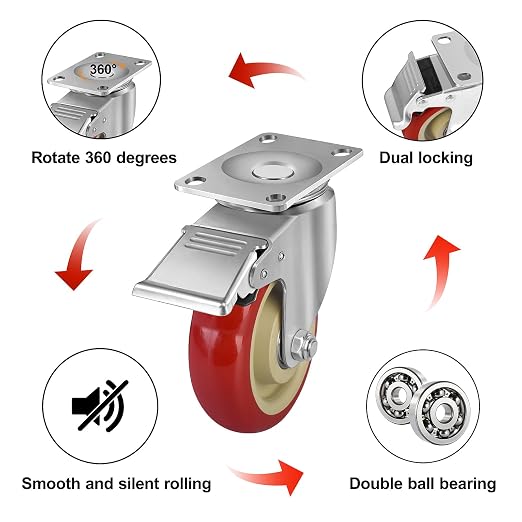 4 Inch Heavy Duty Swivel Caster Wheels with Brake, Set of 4, Industrial Locking Rolling Plate Casters Wheels for Furniture, Cart, Table and Workbench, Easily Load 2200lbs