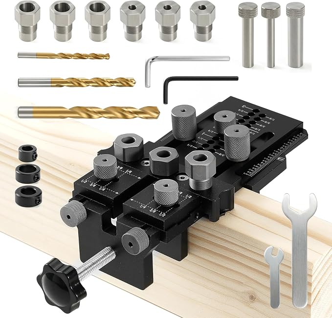 Woodworking Dowel Jig Kit, Precision Drill Guide with 1/4 3/8 1/2 Inch Bushings & Drill Bits, Adjustable Doweling Jig for Straight Holes, Quick Clamp System for Furniture Cabinet DIY Wood Joints