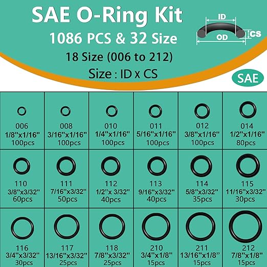 XBVV 1086 Pcs 32 Size SAE O Ring Assortment Kit Standard Buna-N Rubber O'ring Set with 4 Pick & Hook for Automotive Hydraulic Faucet Plumbing Sealing Repair ID:1/8-2 Inch