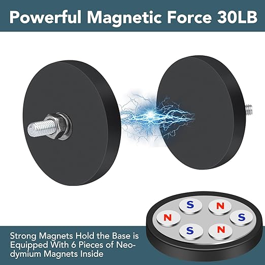 DIYMAG 6Pcs Rubber Coated Magnets, Adhesive Power 30LBS Anti-Scratch Neodymium Large Magnet Base with M5 Threaded Studs and Nuts Strong Magnets Hold The Base for Light Bar, Camera, PTZ 1.69 Inch