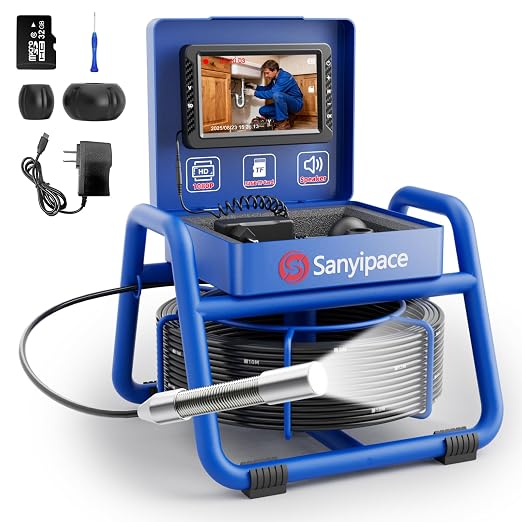 Sanyipace Sewer Camera,5" HD Screen,18mm Pipeline Inspection Camera with 8 LEDs Light,32GB DVR Function, 1080P IP68 Waterproof Drain Camera for Sewer Line,Home,Drain Pipe Plumbing(Blue,66ft/20m,5mm)