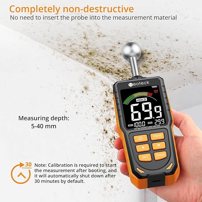 Neoteck Professional Measurement Kit: Spherical Inductive Pinless Moisture Meter & 2-in-1 Dual Probe 40mm Moisture Meter, LCD Display, USB Rechargeable, Audio Alarm for Wood, Wall, Concrete
