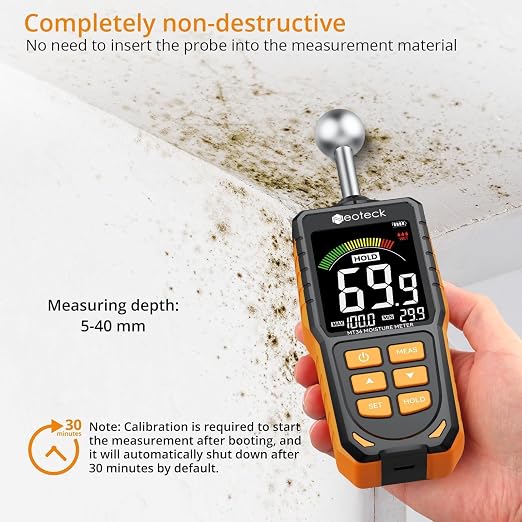 Neoteck Spherical Inductive Moisture Meter 5-40mm Analysis Depth Pinless Moisture Meter with 3-Color LCD Indicator,USB Rechargeable Wood Meter Light and Buzzer Alarm for Wall,Wood,Masonry,Concrete