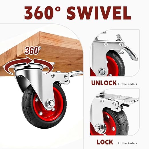 4 Inch Caster Wheels Heavy Duty with Dual-Lock Safety Brake and Rubber Tire Wheels, Heavy Duty - 300 Lbs Per Caster for Workbench, Trolley, Cabinet, Swivel Rubber Wheel 4-Packs with mounting Hardware