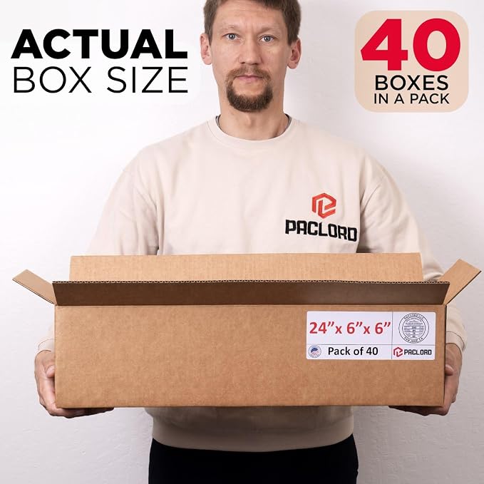 Long Cardboard Boxes 24"L x 6"W x 6"H (Pack of 40) - USA-Made Packing Boxes for Moving, Shipping, or Storage - USPS, UPS, FedEx Approved - Professional Packing Supplies for Moving | USA-Made Packing Boxes for Moving, Shipping, or Storage - USPS, UPS, F...