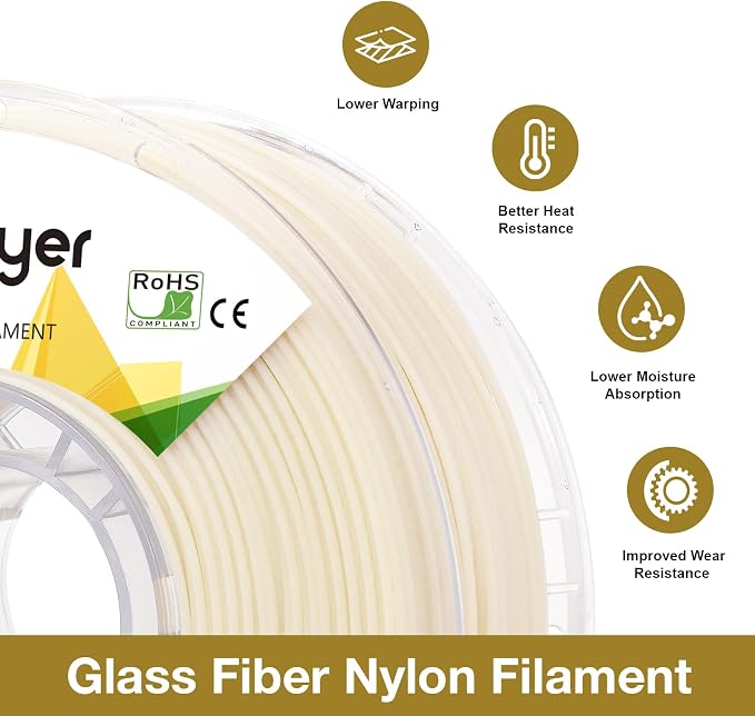 Nylon Glass Filled Filament Nylon Glass Fiber 3D Printer Filament PA6-GF Dyable Nautre White, with AMS-Compatible Reusable PC Spool (PA6-GF White)