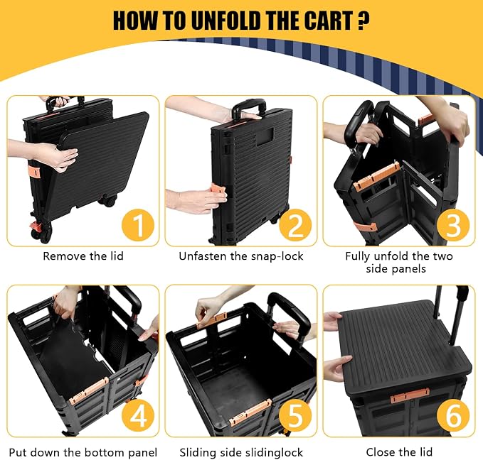 Foldable Utility Cart Portable Rolling Crate Handcart Shopping Trolley Collapsible Tool Box with Rotate Wheels Durable Duty Plastic Telescoping Handle Lid for Travel Move Office School(Black)