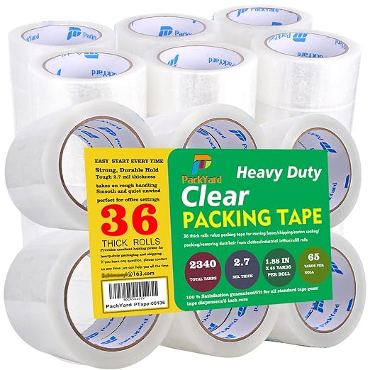 Packing Tape Refill Rolls Heavy Duty 36 Rolls Sealing Great for Packing Box Shipping and Moving Supplies Packaging 1.88" x 65 Yards 3" Core 2.7 Mil Thick