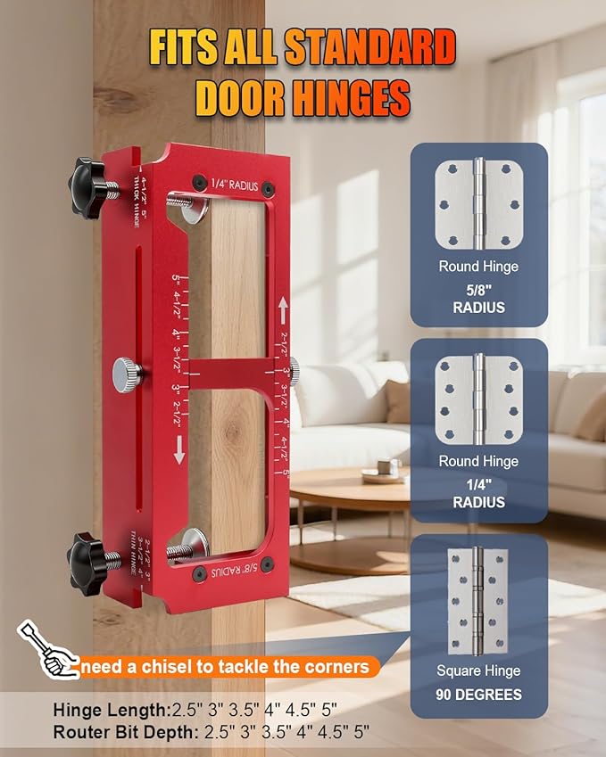 ALL-IN-ONE Door Hinge Jig, Door Lock and Door Latch Installation Kit, Aluminum Alloy Router Template for Hinge Mortising from 2.5" to 5" and Types of Square, 1/4", 5/8" Radius, Door Hole Drilling Kit