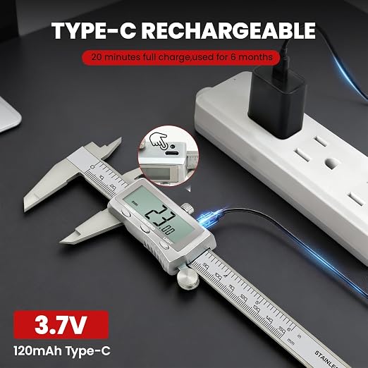 Digital Caliper 6 Inch, Rechargeable Calipers with Backlight LCD Screen, Stainless Steel Caliper Measuring Tool, Auto-Off Micrometer, Inch/MM/Fraction Conversion for 3D-Printing/DIY/Household