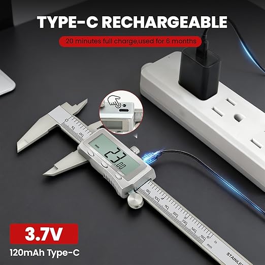 Digital Caliper, Rechargeable Calipers 12 inch with Backlight LCD Screen, All Metal Caliper Measuring Tool with MM/in/F Conversion, Auto Off Micrometer for Jeweler/Woodworking/DIY/Household