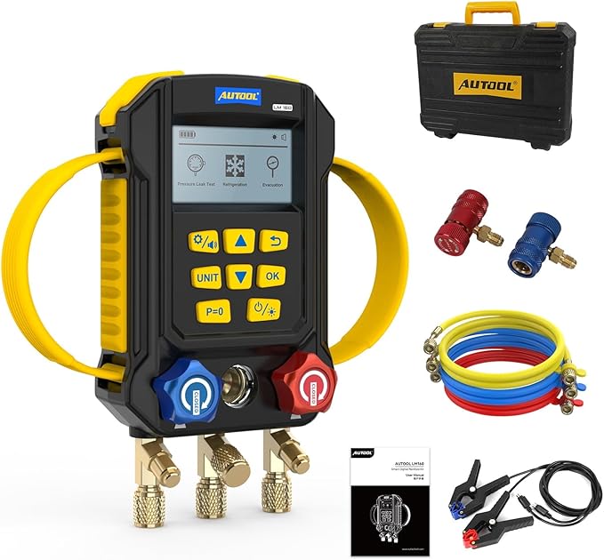 AUTOOL AC Manifold Gauge Set, Incl. 2X Pipe Clamp Thermometer, 1x Digital HVAC Gauge, Set of 3 Hoses – AC Gauge Set, with Evacuation Mode, Refrigerant Mode and Pressure Leak Test