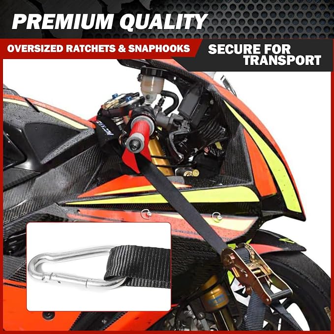 Motorcycle Tie-Down Strap Kit, Front Handlebar & Rear Wheel Tie Down Straps, Heavy Duty 1,500 lbs Break Strength with Ratchet Straps for Motorcycle Transport