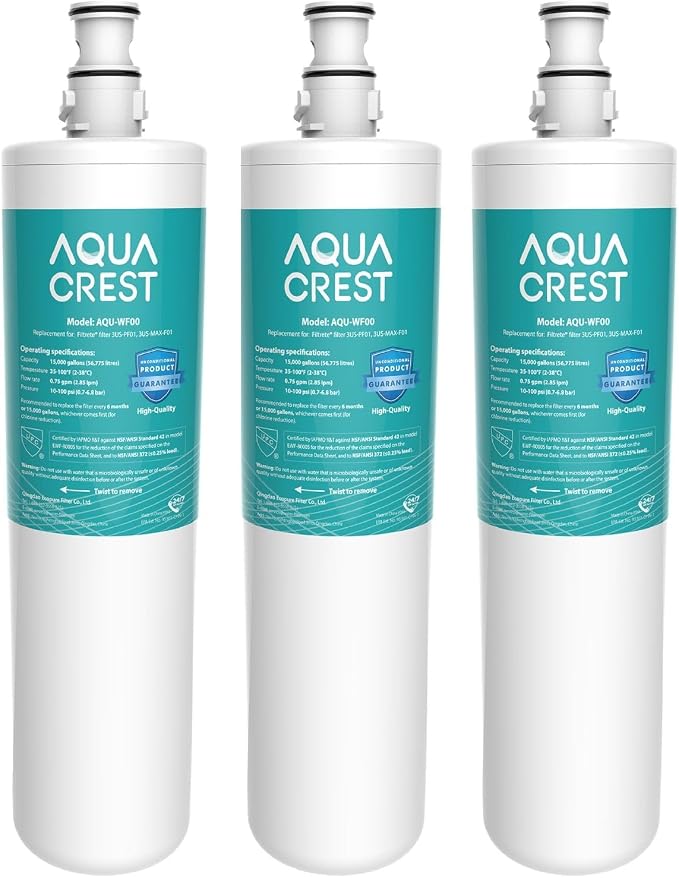 AQUA CREST 3US-PF01 Under Sink Water Filter, Replacement for Advanced Filtrete® 3US-PF01, 3US-MAX-F01 Water Filter, Delta RP78702, Manitowoc K-00337, K-00338, HF20 HF25 HF27, NSF 42 Certified, 3 Pack
