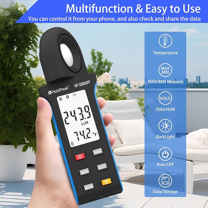 Illuminance Light Meter with Bluetooth 2PCS, HOLDPEAK Digital Lux Foot Candles Meter 0.1~400,000 Lux with 270º Rotating Sensor, Lumen Meter Luxmeter for Plants, Car Headlights, Home & Office LEDs