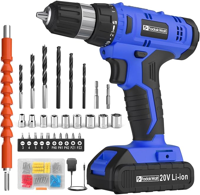FADAKWALT Cordless Drill Set, 20V Electric Power Drill with Battery And Charger, Torque 30N, 21+1 Torque Setting, 3/8-Inch Keyless Chuck, LED Work Light, Complete Drill & Driver Bits Kit（blue)