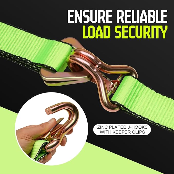 4-Pack 10,000lbs Break Strength Ratchet Straps Heavy Duty, 2 Inch x 10 Feet Tie Down Straps with J-Hooks & Clips & 2" x 38"Axle Straps for Car Trailer Truck, UTV, Motorcycle, Cargo & More - Green