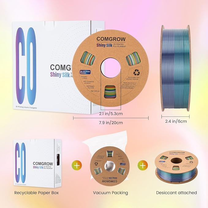Comgrow Rainbow Colors Silk PLA 3D Printer Filament, PLA Filament 1.75mm, Dimensional Accuracy +/- 0.02 mm, 1KG Spool, Coextrusion 3D Filament with Shiny Silk Rainbow Yellow