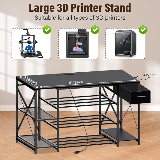 3D Printer Stand with Charging Station,Large 4-Tier 3D Printers Table with Holds 60+ Filament Storage and Storage Drawer,Filament Rack,Heavy Duty 3D Printer Desk for Workshop,Office and Garage,Black