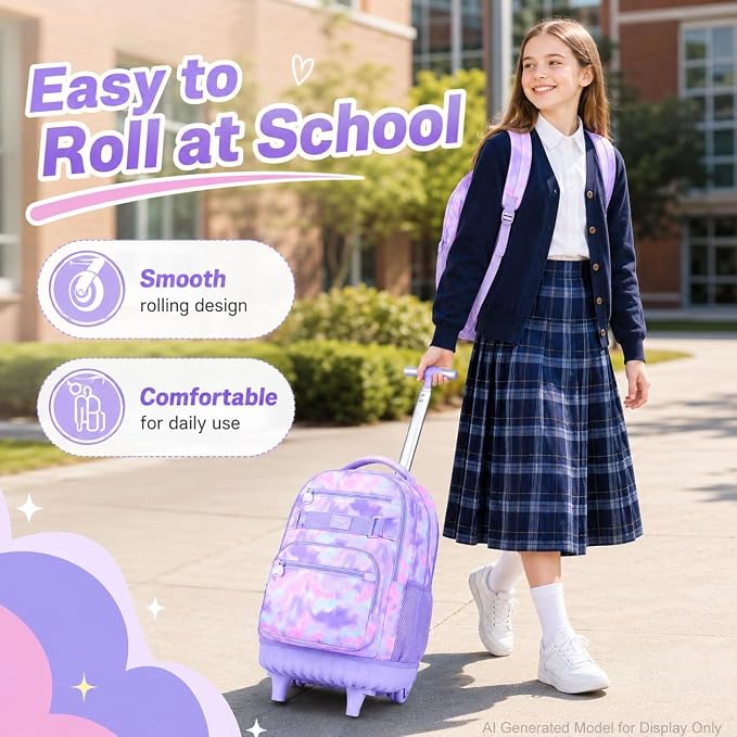 3Pcs Rolling Backpack for Girls Women, Travel Roller Backpacks with Wheels for Adults, Teens College Tie-Dye Wheeled Bookbag with Lunch Box(Purple)