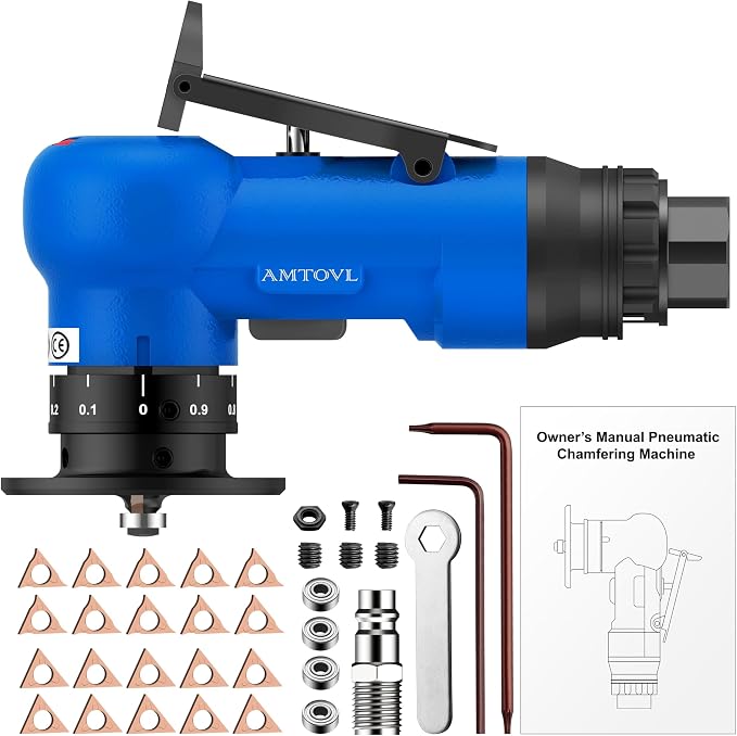 AMTOVL Pneumatic Chamfering Tool - Mini Air Chamfer Tool with 10 C-Angle & 10 R-Angle Blades, 45° 30000 RPM Chamfering Tool for Metal and Wood with 1/4" Air Inlet
