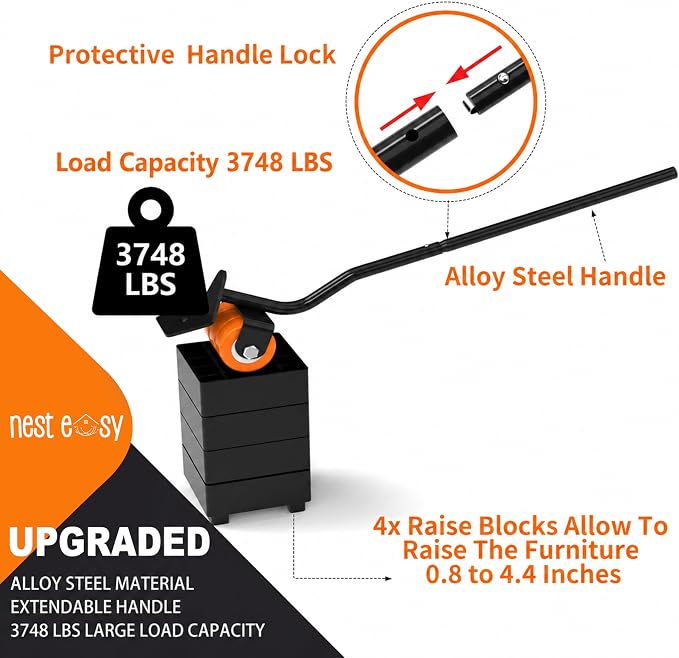 Upgraded Heavy Duty Furniture Dolly 360° Rotating 5 Orange Wheels, Alloy Steel Furniture Movers Up to 3748 lbs/1700 Kg Load Capacity with Measure Tape and Leveler (6.9x6.5 in)