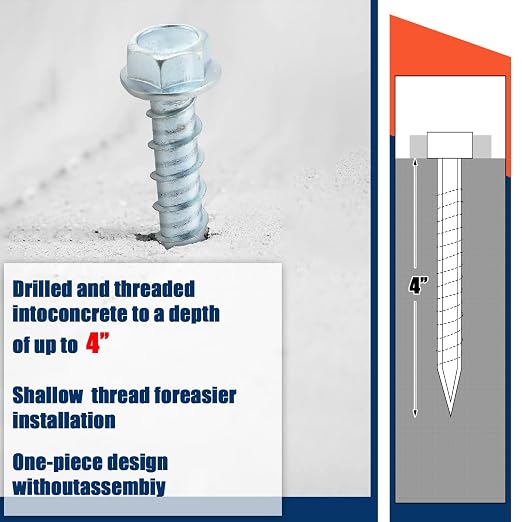 Tandefio 120 Pack 3/8" x 4" Concrete Screw Anchors Galvanized Large Diameter Heavy Duty Plated Concrete Anchors for Masonry Brick Anchoring Block Decking Framing Hex Drive