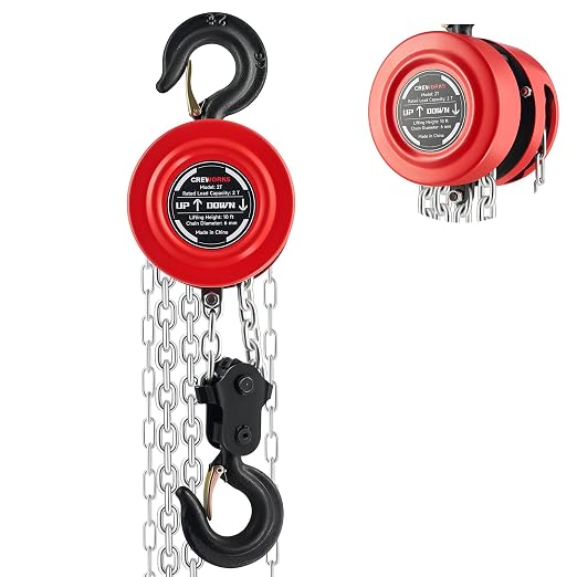 CREWORKS Hand Chain Hoist, 2 Ton 4400 lb Capacity 10 ft Manual Chain Hoist with G80 Load Chain & Galvanized Hand Chain, Heavy Duty Manual Lever Hoist for Construction Warehouse Automotive Factory